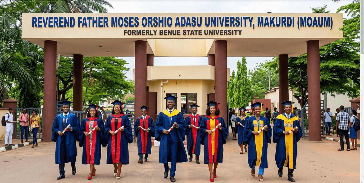 Graduates in academic gowns walking beneath the University's gate.